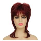 Dai Cloud Short Wine Red Mullet Wig for Women 80s Shaggy Layered Pixie Cut Wigs With Bangs Curly Synthetic Hair Replacement Wigs for White Women Daily Party Cosplay Costume Use