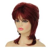 Dai Cloud Short Wine Red Mullet Wig for Women 80s Shaggy Layered Pixie Cut Wigs With Bangs Curly Synthetic Hair Replacement Wigs for White Women Daily Party Cosplay Costume Use