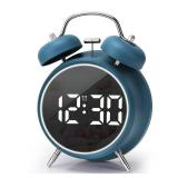 JUSTUP Digital Small Alarm Clock, 4.5 Inch Double Bell Electronic LED Alarm Clock, Plug in or Battery Operated Silent Metal Table Clock, Bedside Loud Bell Clock for Heavy Sleepers Adults Kids (Blue)