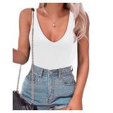 SAUNGKUAI Womens Bodysuit Sexy Plunge Deep V Neck Backless Sleeveless Tank Thong Body Suits Outfits for Going Out White XL