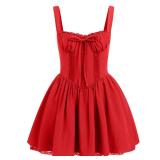ABEHIK Women Summer Dresses Mini Corset Dress Sexy Spaghetti Straps Low Cut Lace Short Bustier Dress Ruffle Flowy Going Out Wedding Guest Party A Line Casual Sundress Red M