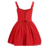 ABEHIK Women Summer Dresses Mini Corset Dress Sexy Spaghetti Straps Low Cut Lace Short Bustier Dress Ruffle Flowy Going Out Wedding Guest Party A Line Casual Sundress Red M