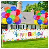 VitalCozy Large Colorful Happy Birthday Yard Banner Sign with Balloons 118 x 19.7 Inches Happy Birthday Yard Party Backdrop Banner for Outdoor Indoor Party Decorations with 2 Roll Ribbon