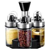 Mlici Oil and Vinegar Dispenser Set of 6 Bottles, Stainless Steel Salt Pepper Holder with 360° Rotating Holder, Cruet Soy Sauce - Premium Glass Condiment for Kitchen, Tabletop, Kitchen Containers (1 