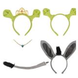 PATURPINT 5 Pieces Orge and Donkey Costume Accessory Set with Green Headbands, Crown, Heart Necklace, Gray Donkey Ears and Tail, Cosplay Props
