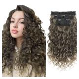 REECHO Curly Hair Extensions, 4PCS 16 inch Clip in Hair Extensions Lace Weft Short Curly Extension Clip Ins Invisible Natural Hairpieces for Women, Ombre Brown
