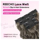 REECHO Curly Hair Extensions, 4PCS 16 inch Clip in Hair Extensions Lace Weft Short Curly Extension Clip Ins Invisible Natural Hairpieces for Women, Ombre Brown
