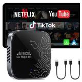 4-in-1 Wireless CarPlay Adapter for Streaming NetflixYouTubeTikTokTF Card, 2025 Magic Video AI Box and Android Auto Dongle Dual Band WiFi, Bluetooth 5.3 Plug and Play, Fits for OEM Wired CarPlay Cars