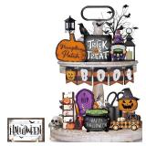 Gosuoa 18 Pcs Halloween Tiered Tray Decor, Cute Pumpkin Gnome Trick or Treat Rustic Wooden Tray Decorations Set, Halloween Table Desk Decor for Home