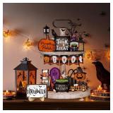 Gosuoa 18 Pcs Halloween Tiered Tray Decor, Cute Pumpkin Gnome Trick or Treat Rustic Wooden Tray Decorations Set, Halloween Table Desk Decor for Home