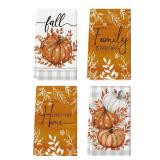 Artoid Mode Orange Buffalo Plaid Polka Dot Pumpkin Fall Kitchen Towels Dish Towels, 18x26 Inch Farmhouse Eucalyptus Leaves Decoration Hand Towels Set of 4