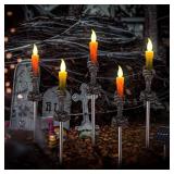 Halloween Decorations Outdoor, 5 Pack Solar Pathway Lights, LED Skull Black Hand Candle Holder, Outdoor Party Home Garden Porch Decor Orange and Green Lights