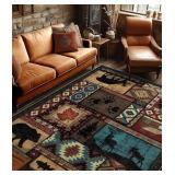 YIHOUSE Rustic Cabin Area Rug 8x10,Machine Washable Lodge Bear Rug,Non-Slip Low Pile Print Pattern Southwestern Rug for Living Room Bedroom