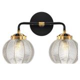 Qufute 2 Light Bathroom Vanity Light Clear Glass Globe Wall Sconce Lights Black Wall Mount Light with Ribbed Glass Shade, Mid Century Modern Wall Sconce for Over Mirror Bedroom Hallway