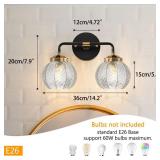 Qufute 2 Light Bathroom Vanity Light Clear Glass Globe Wall Sconce Lights Black Wall Mount Light with Ribbed Glass Shade, Mid Century Modern Wall Sconce for Over Mirror Bedroom Hallway