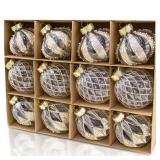 12 PCS Clear and Champagne Christmas Ball Ornaments, 80mm3.15 Inches Rustic Farmhouse Christmas Decorations, Large Shatterproof Luxury Hand-Painted Xmas Ornaments for Christmas Tree, Wedding
