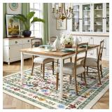 Deerly Floral Area Rugs 5x8 Vintage Boho Washable Non-Slip Living Room Carpet Soft Low Pile Colorful Thin Bedroom Floor Mat Indoor for Dining Room Playroom Nursery Farmhouse, BeigeGreenMulti