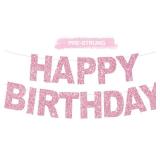 BEISHIDA Pink Happy Birthday Banner - Pre-Strung,No DIY Party Decorations - Happy Birthday Sign - Birthday Banner for Women, Kids - Backdrop