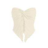 MISSACTIVER Women Twist Knot Front Texture Bandeau Top Sexy Strapless Sleeveless Split Hem Lettuce Trim Tube Crop Top Corset Beige
