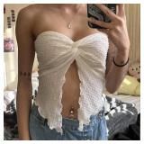 MISSACTIVER Women Twist Knot Front Texture Bandeau Top Sexy Strapless Sleeveless Split Hem Lettuce Trim Tube Crop Top Corset Beige