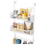 SWTYMIKI Over The Door Hook with 16 Hooks and 2 Mesh Baskets - Heavy Duty Over The Door Organizer Hanger for Towels, Coats, Clothes - Space Saving Hanging Rack for Bathroom, Living Room, White