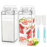 Bekith 2 Pack 64 Oz Large Milk Carton Water Bottle, Clear Plastic Milk Bottle with Cleaning Brush, Portable Leakproof Square Juice Bottle Reusable Milk Container for Outdoor Sports Travel Camping
