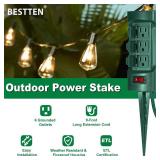 BESTTEN Outdoor Power Strip with Covers and Overload Protection Switch, Double Sided 6-Outlet Yard Power Stake with 9-Foot Long Extension Cord, ETL Certified, Green