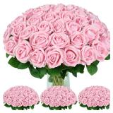 BLEUM CADE 100 Pcs Pink Roses Artificial Flowers, Real Touch Velvet Roses Fake Flowers Bulk, Artificial Roses Bouquet with Long Stems Bridal DIY Wedding Party Centerpiece Decorations