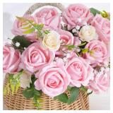 BLEUM CADE 100 Pcs Pink Roses Artificial Flowers, Real Touch Velvet Roses Fake Flowers Bulk, Artificial Roses Bouquet with Long Stems Bridal DIY Wedding Party Centerpiece Decorations