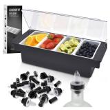 Esatto Bar Products Condiment Holder for Serving Container Chilled Garnish Tray with Lid for Bar Caddy, 4-1 Pint Inserts, With Added 12 Liquor Bottle Pourers, and 12 Pourer Covers - Black
