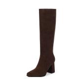 Modatope Dark Brown Suede Knee High Chunky Heel Boots Square Toe Tall Boots for Women Block Heel Side zipper Fall Boot Women Size 8