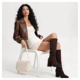 Modatope Dark Brown Suede Knee High Chunky Heel Boots Square Toe Tall Boots for Women Block Heel Side zipper Fall Boot Women Size 8