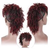 Aisaide High Puff Afro Ponytail Drawstring,Short Red Curly Ponytail Extension,Mohawk Kinky Synthetic Hair Bun with Bangs,Wrap Updo Clip in Hair Extensions with Six Clips and Two Comb(1BBUG)