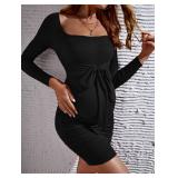 Floerns Womenfts Maternity Long Sleeve Square Neck Tie Front Bodycon Pencil Dress Black size small
