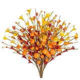 LLZLL 12 Pack Fall Decorations for Home 17 Inch Fall Flowers Orange Red Fall Floral Stems with Forsythia Pumpkins and Berries for Autumn Thanksgiving Decor
