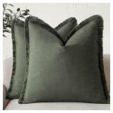 Foindtower Set of 2 Decorative Linen Fringe Throw Pillow Covers Boho Farmhouse Cushion Cover with Tassels Soft Accent Pillowcase for Couch Sofa Bed Living Room Home Decor,26×26 Inch,Dark Olive Green