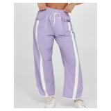 Fisoew Womenfts Baggy Wide Leg Pants Casual Drawstring Elastic Waisted Contrast Color Workout Y2K Track Pants Purple