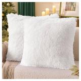 ANRODUO Pack of 2 White Throw Pillow Covers Luxury Fluffy Pillows Faux Fur Decorative Pillows Plush Cushion Case Fuzzy Mongolian Merin Style for Bed Couch Sofa Living Room Christmas Decor 18x18 Inch