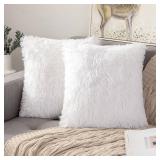 ANRODUO Pack of 2 White Throw Pillow Covers Luxury Fluffy Pillows Faux Fur Decorative Pillows Plush Cushion Case Fuzzy Mongolian Merin Style for Bed Couch Sofa Living Room Christmas Decor 18x18 Inch