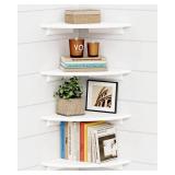 Forbena Corner White Floating Book Shelves for Wall Set of 4, Wood Nursery Corner Bookshelf for Kids Bedroom, Large Modern Round Wall Bookshelves for Living Room Decor, Indoor Plants, Bathroom