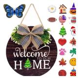 Interchangeable Seasonal Welcome Sign Front Door Decorations, Round Wood Wreath for Outdoor, Farmhouse, Porch Perfect for New Home Housewarming Gift, Valentinefts, Easter, Christmas Home Decor