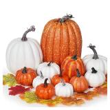 Lvydec Artificial Pumpkins Set Harvest Decoration, 12pcs Assorted Size Orange and White Pumpkins with 50pcs Maple Leaves for Halloween Thanksgiving Autumn Festive Party Supplies