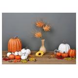 Lvydec Artificial Pumpkins Set Harvest Decoration, 12pcs Assorted Size Orange and White Pumpkins with 50pcs Maple Leaves for Halloween Thanksgiving Autumn Festive Party Supplies