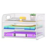 Cawukege 3 Tier Paper Organizer with Handle, Metal Desk Organizer Mesh Paper Letter Tray Desktop File Folder Document Sorter for Classroom, School, Office Accessories Organization and Storage - White
