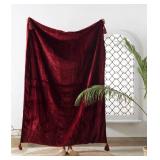 Luxury Crushed Wine Red Velvet Throw Blanket with Tassels Soft Velvet Boho Sofa Throw for Living Room 120X180 Cms UO