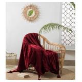 Luxury Crushed Wine Red Velvet Throw Blanket with Tassels Soft Velvet Boho Sofa Throw for Living Room 120X180 Cms UO