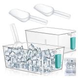 Havawish 2 Set Ice Bin and Flexible Scoop Set Plastic Freezer Ice Bin with Pull out Handle Clear Storage Bucket for Container with Bucket Scoop(Blue,10.83 x 7 x 4.33 in)