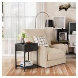 Furologee Nightstands Set of 2, Industrial End Table with Fabric DrawerandStorage Shelf, Small Bedside Table Organizer for Small Space for Living Room, Tall 23.6\ Night Stand for Bedroom, Black Oakin