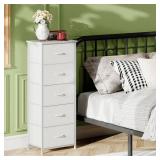 Somdot Tall Dresser for Bedroom with 5 Drawers, Storage Organizer Chest of Drawers with Removable Fabric Bins for Closet Bedside Living Room Laundry Entryway Hallway, White Leather