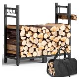 Brightown 34inch Firewood Rack Indoor with Log Carrier, Outdoor Wood Rack for Firewood,Fire Wood Storage with Kindling Hooks, Adjustable Pads, Heavy Duty Logs Holder for Fireplace Deck Outdoor, Black